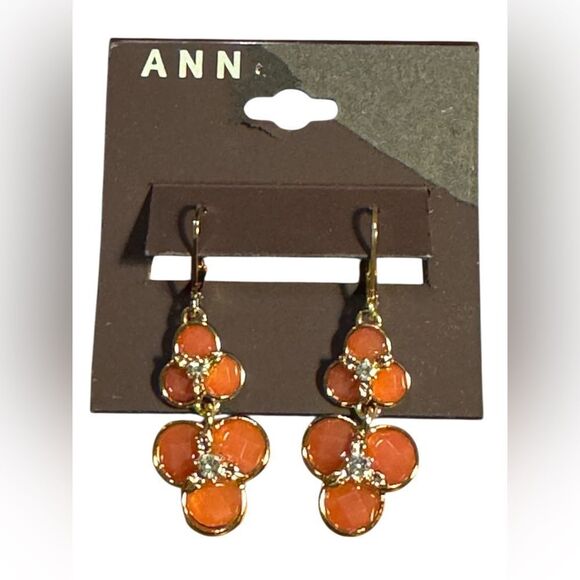 Anne Klein Gold tone and orange Red Floral 2”Earrings - Picture 2 of 4